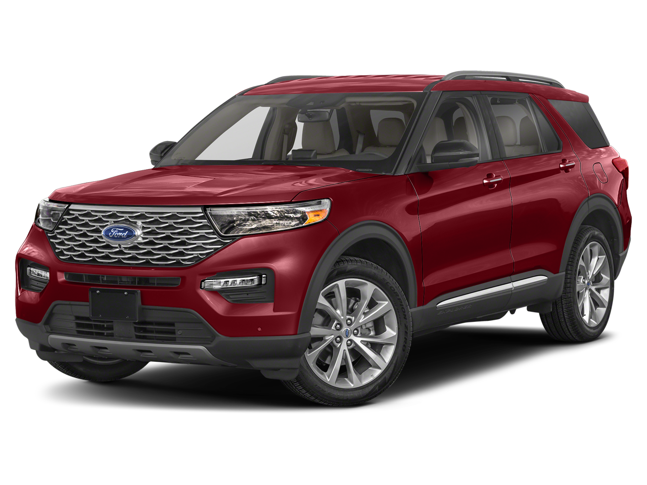2023 Ford Explorer Platinum in Red Metallic — front three-quarter view